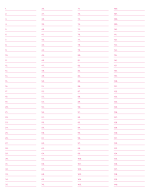 4-Column Numbered Pink Lined Paper (College Ruled) - Letter