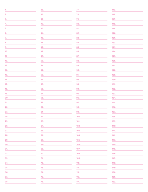 4-Column Numbered Pink Lined Paper (Narrow Ruled) - Letter