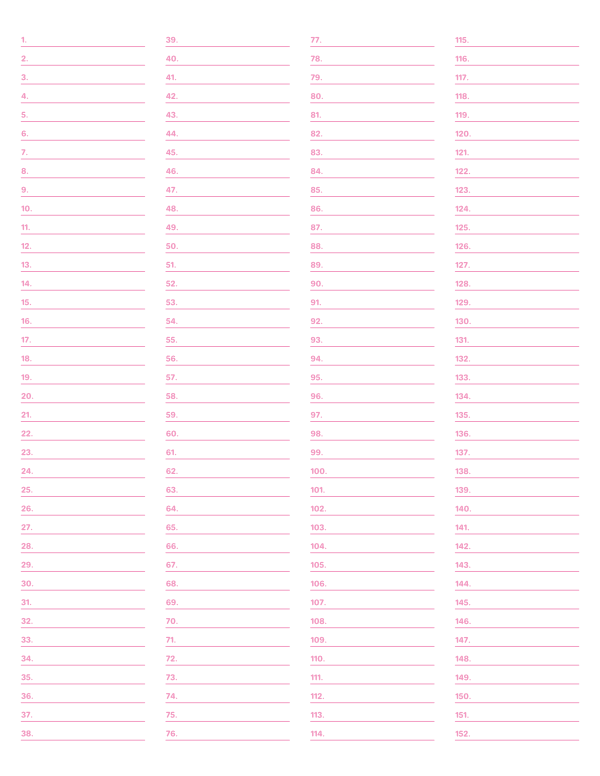 4-Column Numbered Pink Lined Paper (Narrow Ruled): Letter-sized paper (8.5 x 11)