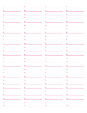 4-Column Numbered Pink Lined Paper (Wide Ruled) - Letter