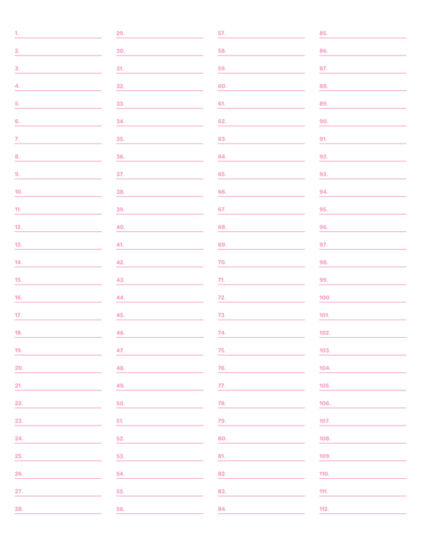 4-Column Numbered Pink Lined Paper (Wide Ruled): Letter-sized paper (8.5 x 11)