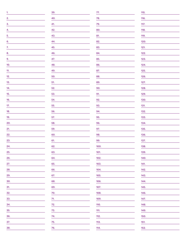 4-Column Numbered Purple Lined Paper (Narrow Ruled): Letter-sized paper (8.5 x 11)