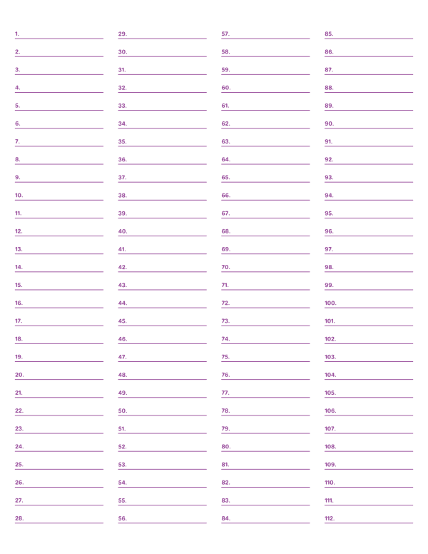 4-Column Numbered Purple Lined Paper (Wide Ruled): Letter-sized paper (8.5 x 11)