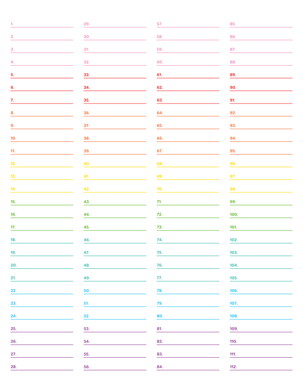 4-Column Numbered Rainbow Lined Paper (Wide Ruled): Letter-sized paper (8.5 x 11)