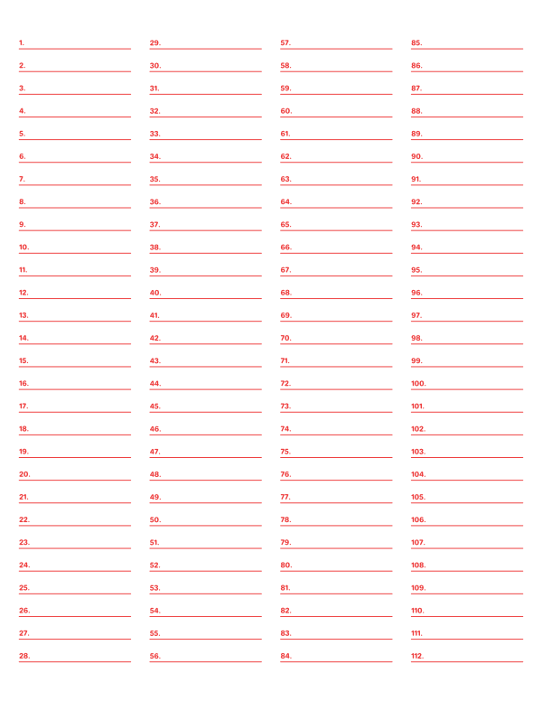 4-Column Numbered Red Lined Paper (Wide Ruled): Letter-sized paper (8.5 x 11)