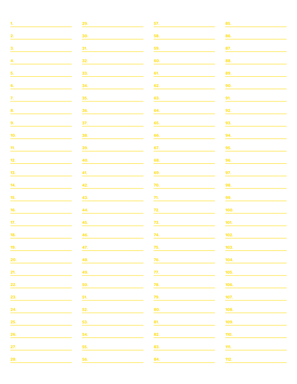 4-Column Numbered Yellow Lined Paper (Wide Ruled): Letter-sized paper (8.5 x 11)