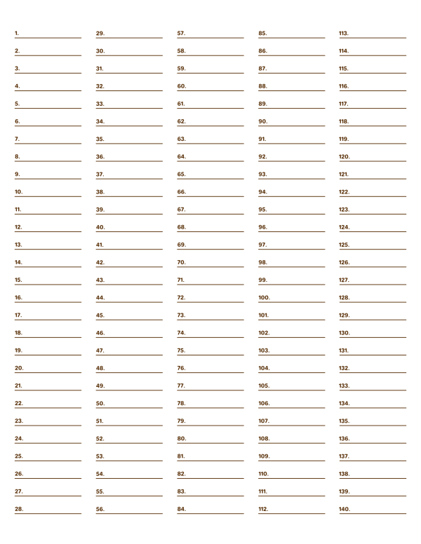 5-Column Numbered Brown Lined Paper (Wide Ruled): Letter-sized paper (8.5 x 11)