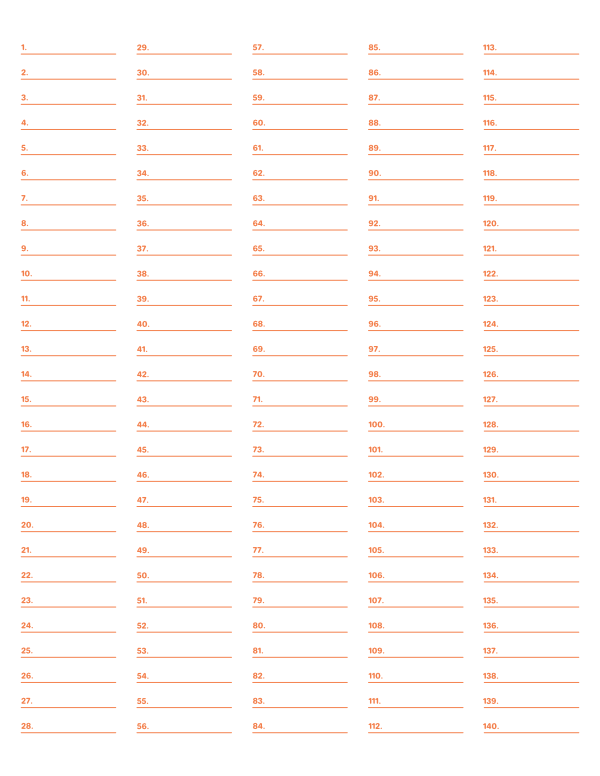 5-Column Numbered Orange Lined Paper (Wide Ruled): Letter-sized paper (8.5 x 11)