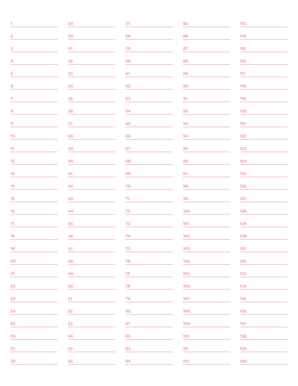 5-Column Numbered Pink Lined Paper (Wide Ruled): Letter-sized paper (8.5 x 11)