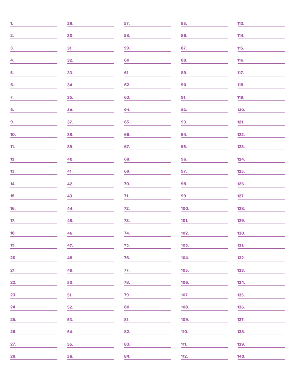 5-Column Numbered Purple Lined Paper (Wide Ruled): Letter-sized paper (8.5 x 11)