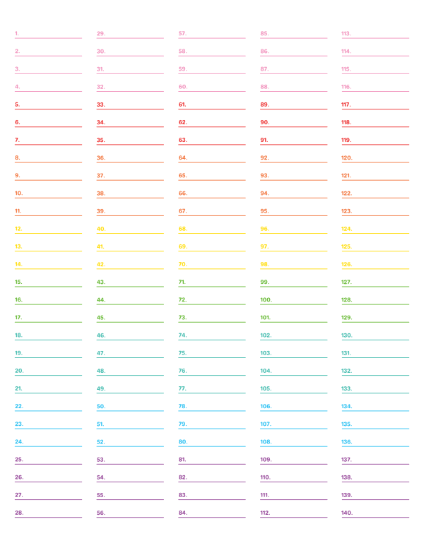 5-Column Numbered Rainbow Lined Paper (Wide Ruled): Letter-sized paper (8.5 x 11)
