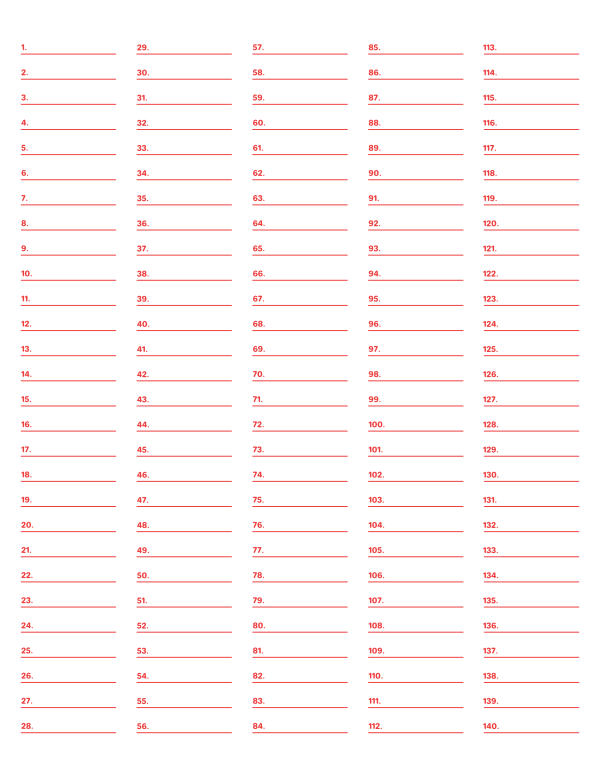 5-Column Numbered Red Lined Paper (Wide Ruled): Letter-sized paper (8.5 x 11)