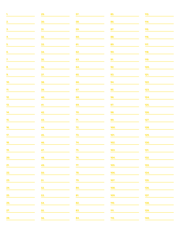 5-Column Numbered Yellow Lined Paper (Wide Ruled): Letter-sized paper (8.5 x 11)