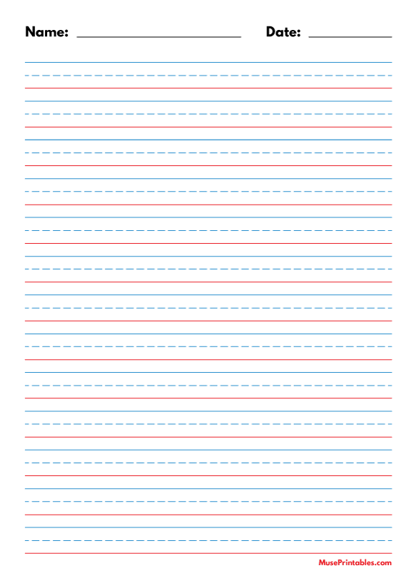 Blue and Red Name and Date Handwriting Paper (1/2-inch Portrait): A4-sized paper (8.27 x 11.69)