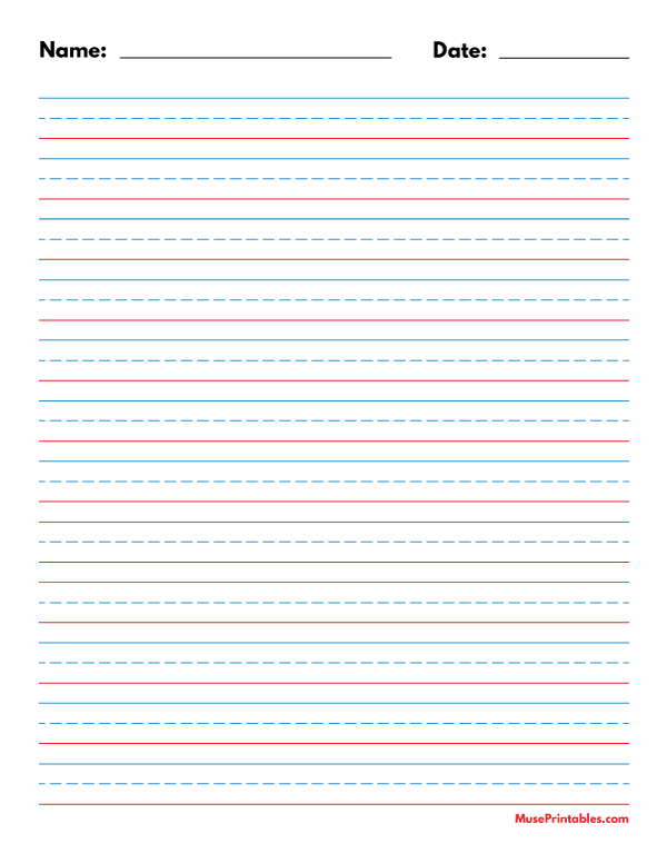 Blue and Red Name and Date Handwriting Paper (1/2-inch Portrait): Letter-sized paper (8.5 x 11)