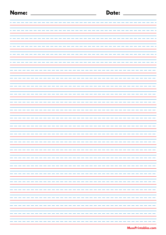 Printable Blue And Red Name And Date Handwriting Paper 1 4 Inch Portrait For Paper