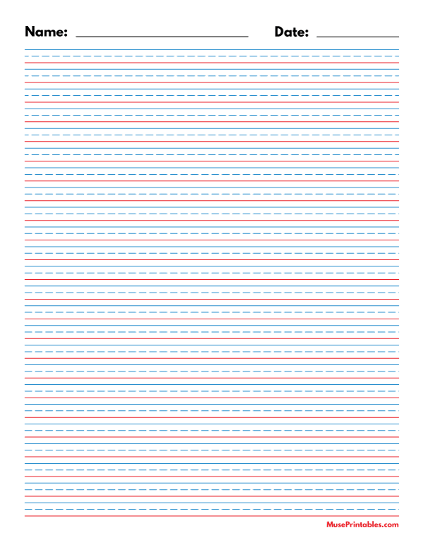 Blue and Red Name and Date Handwriting Paper (1/4-inch Portrait): Letter-sized paper (8.5 x 11)