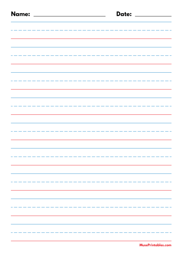 Blue and Red Name and Date Handwriting Paper (3/4-inch Portrait): A4-sized paper (8.27 x 11.69)