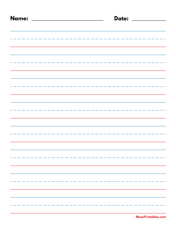 Blue and Red Name and Date Handwriting Paper (3/4-inch Portrait): Letter-sized paper (8.5 x 11)