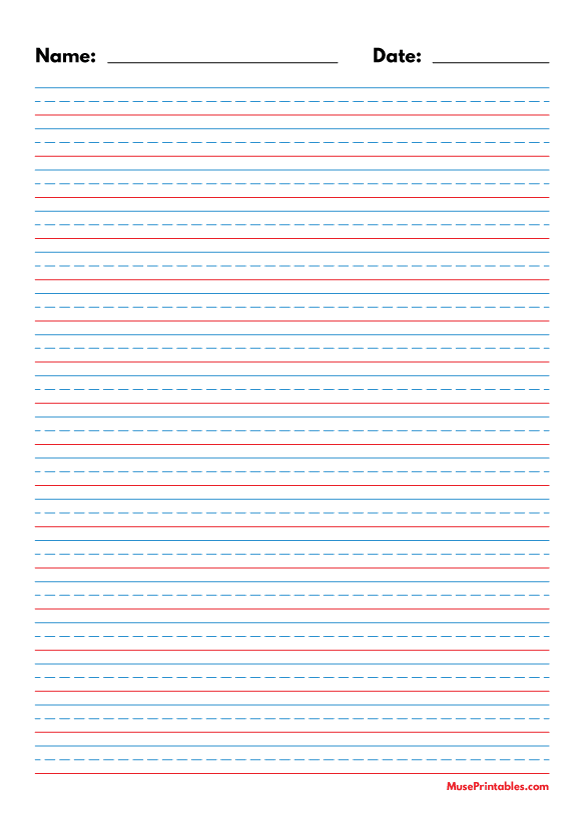 Blue and Red Name and Date Handwriting Paper (3/8-inch Portrait): A4-sized paper (8.27 x 11.69)