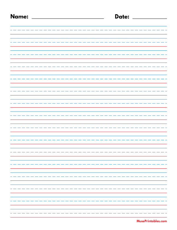 Blue and Red Name and Date Handwriting Paper (3/8-inch Portrait): Letter-sized paper (8.5 x 11)