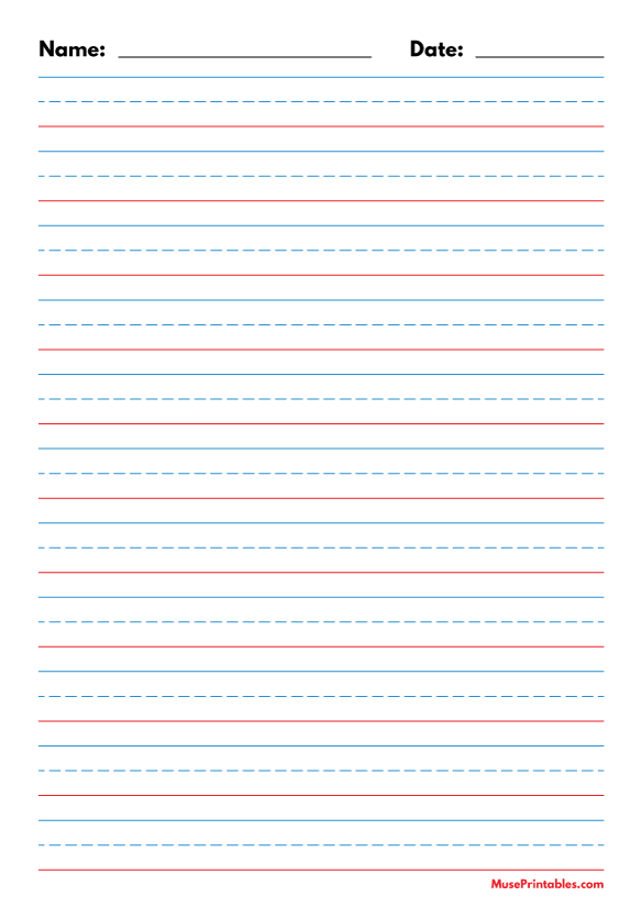 Blue and Red Name and Date Handwriting Paper (5/8-inch Portrait): A4-sized paper (8.27 x 11.69)
