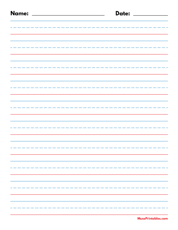 Blue and Red Name and Date Handwriting Paper (5/8-inch Portrait): Letter-sized paper (8.5 x 11)