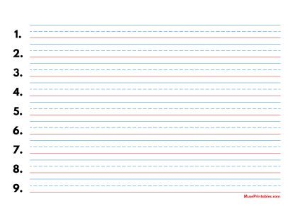 Blue and Red Numbered Handwriting Paper (1/2-inch Landscape) - A4