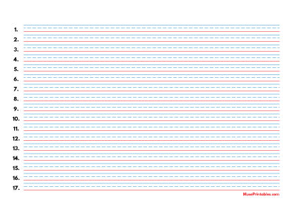 Blue and Red Numbered Handwriting Paper (1/4-inch Landscape) - A4