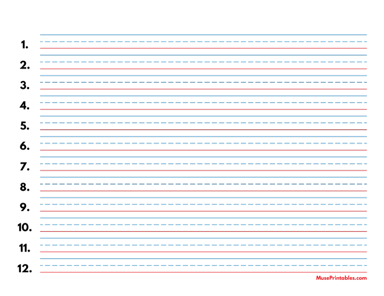 Blue and Red Numbered Handwriting Paper (3/8-inch Landscape): Letter-sized paper (8.5 x 11)