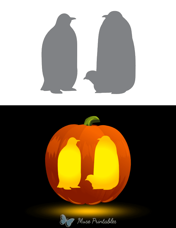 Adult Penguins With Baby Penguin Pumpkin Stencil
