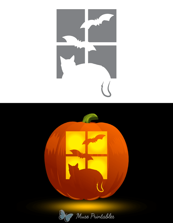 Bats and Cat in Window Pumpkin Stencil