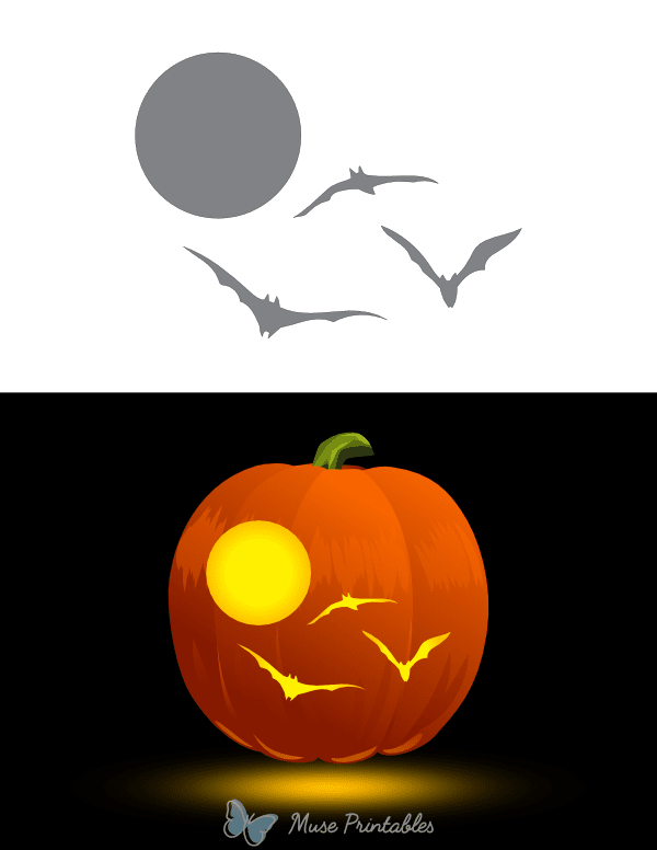 Printable Bats And Full Moon Pumpkin Stencil