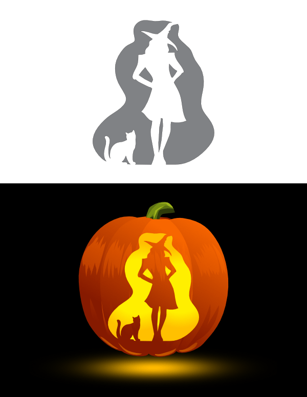 Beautiful Witch and Cat Pumpkin Stencil