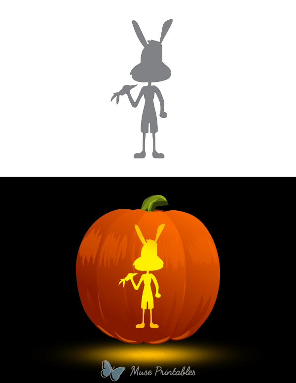 Cartoon Hare Eating Carrot Pumpkin Stencil