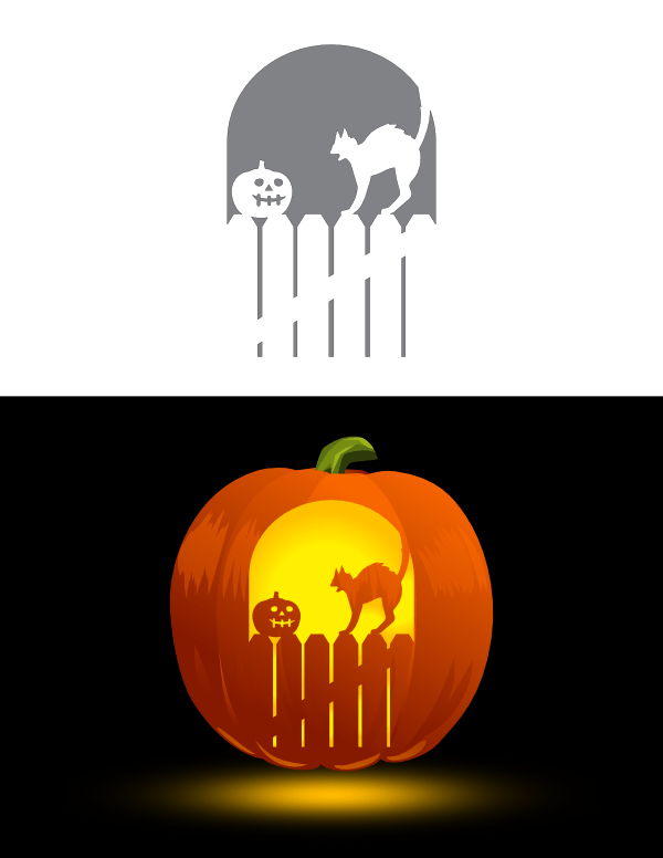 Printable Cat and Jack-o'-lantern on Fence Pumpkin Stencil
