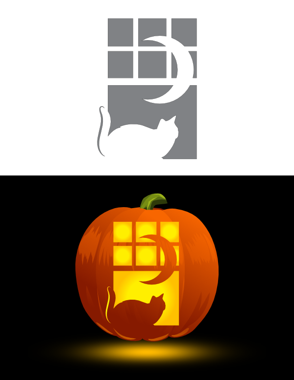 Printable Cat and Moon in Window Pumpkin Stencil