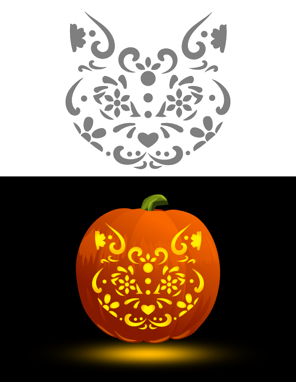 Printable Cat Sugar Skull Pumpkin Stencil