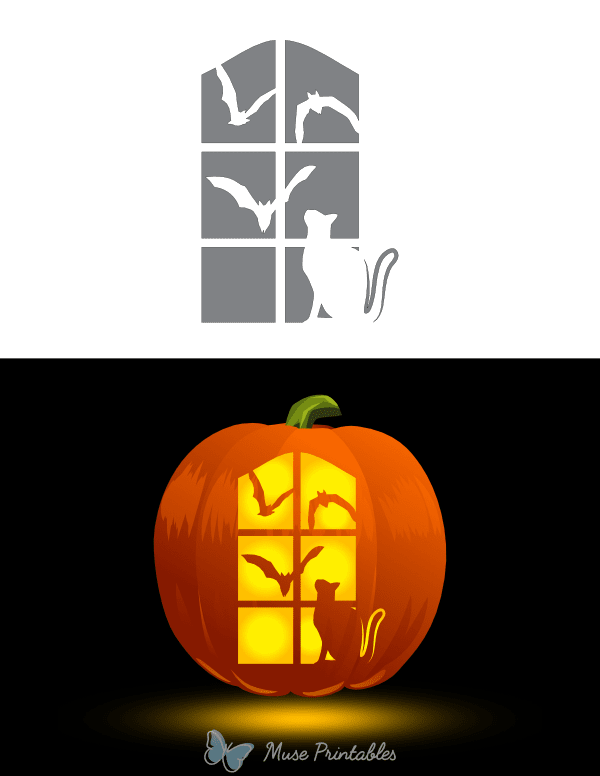 Cat Watching Bats in Window Pumpkin Stencil