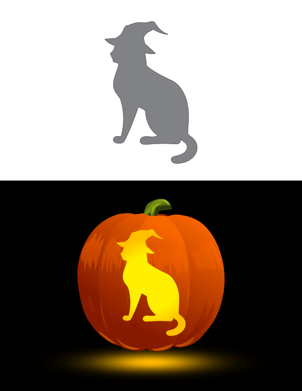 Printable Cat Wearing Witch Hat Pumpkin Stencil