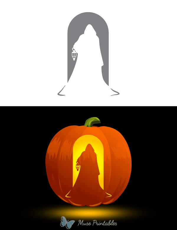 Cloaked Figure Carrying a Lantern Pumpkin Stencil