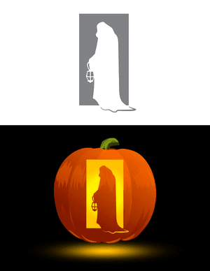 Cloaked Figure Carrying Lantern Pumpkin Stencil