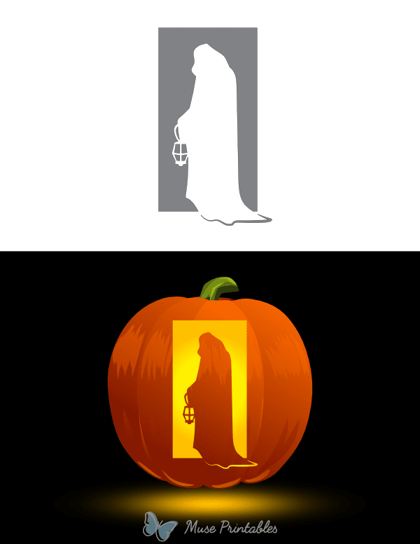 Cloaked Figure Carrying Lantern Pumpkin Stencil