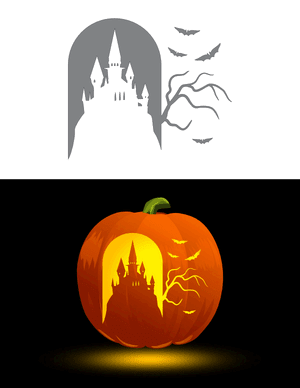 Creepy Castle With Flying Bats Pumpkin Stencil