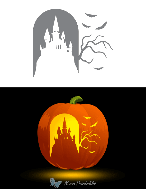 Creepy Castle With Flying Bats Pumpkin Stencil