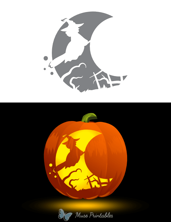 Crescent Moon With Flying Witch Pumpkin Stencil