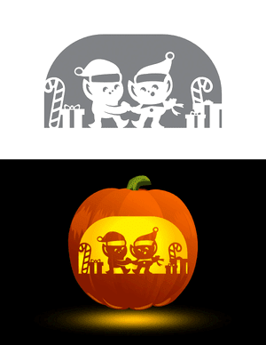 Cute Christmas Elves Pumpkin Stencil