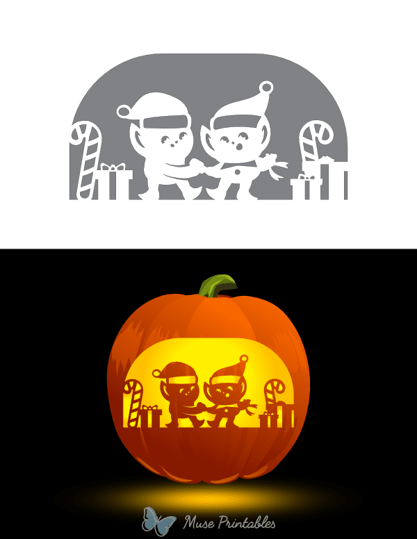 Cute Christmas Elves Pumpkin Stencil