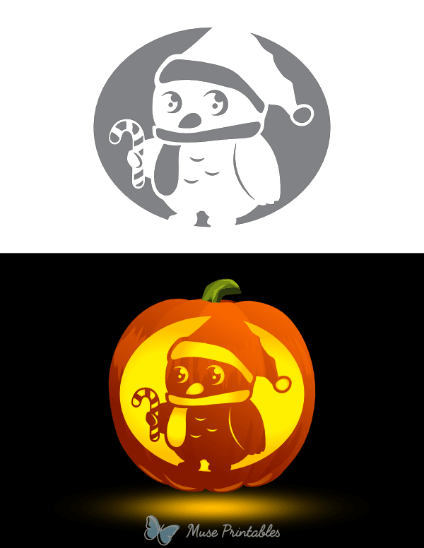 Cute Christmas Owl With Candy Cane Pumpkin Stencil