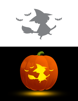 Cute Flying Witch with Bats Pumpkin Stencil